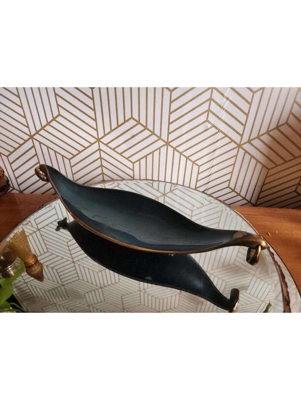 Vintage Israel Brass Double Handle Green Enameled Console Bowl